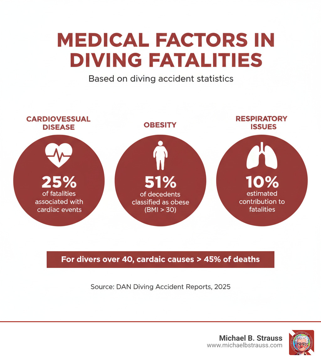 infographic showing common medical conditions in diving fatalities and their percentage contribution, such as cardiovascular disease, obesity, and respiratory issues - diving accident statistics infographic infographic showing common medical conditions in diving fatalities and their percentage contribution, such as cardiovascular disease, obesity, and respiratory issues - diving accident statistics infographic