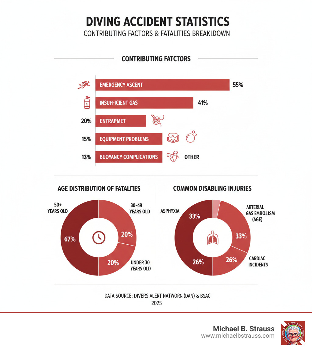 infographic showing diving accident statistics breakdown by contributing factors: insufficient gas 41%, entrapment 20%, equipment problems 15%, emergency ascent 55%, buoyancy complications 13%, with pie charts showing age distribution of fatalities and common disabling injuries including asphyxia 33%, arterial gas embolism 29%, and cardiac incidents 26% - diving accident statistics infographic infographic showing diving accident statistics breakdown by contributing factors: insufficient gas 41%, entrapment 20%, equipment problems 15%, emergency ascent 55%, buoyancy complications 13%, with pie charts showing age distribution of fatalities and common disabling injuries including asphyxia 33%, arterial gas embolism 29%, and cardiac incidents 26% - diving accident statistics infographic