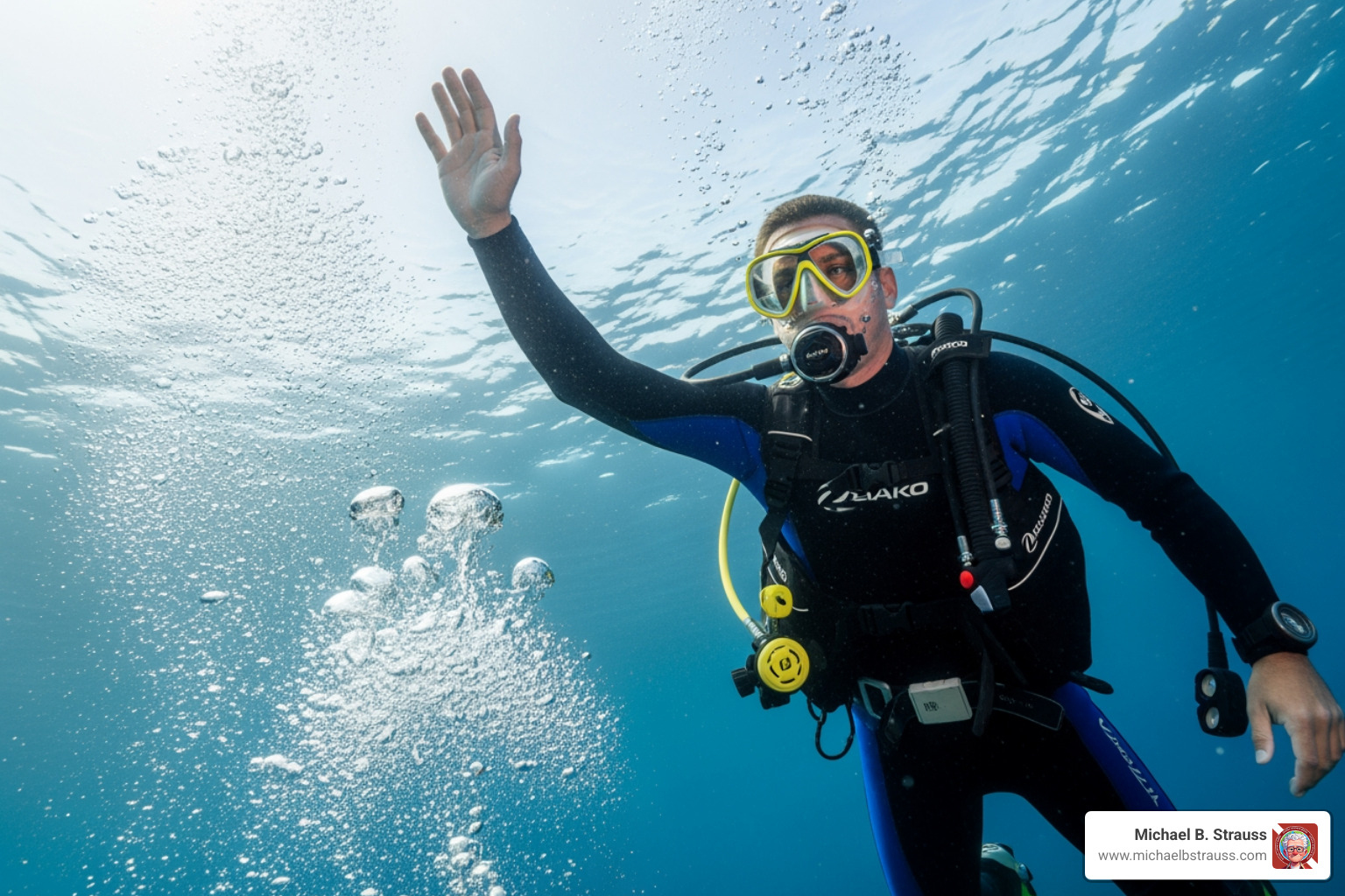 Diver ascending with hand up and bubbles - controlled emergency ascent Diver ascending with hand up and bubbles - controlled emergency ascent