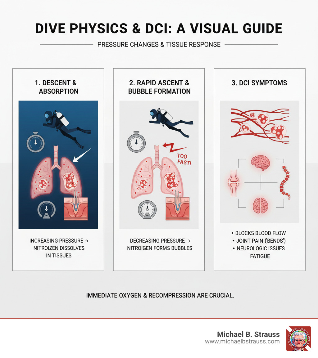 Detailed infographic showing how pressure changes during diving lead to nitrogen absorption in tissues, followed by bubble formation during ascent when pressure decreases too rapidly, and the resulting blockage of blood vessels causing DCI symptoms - decompression illness treatment infographic 
