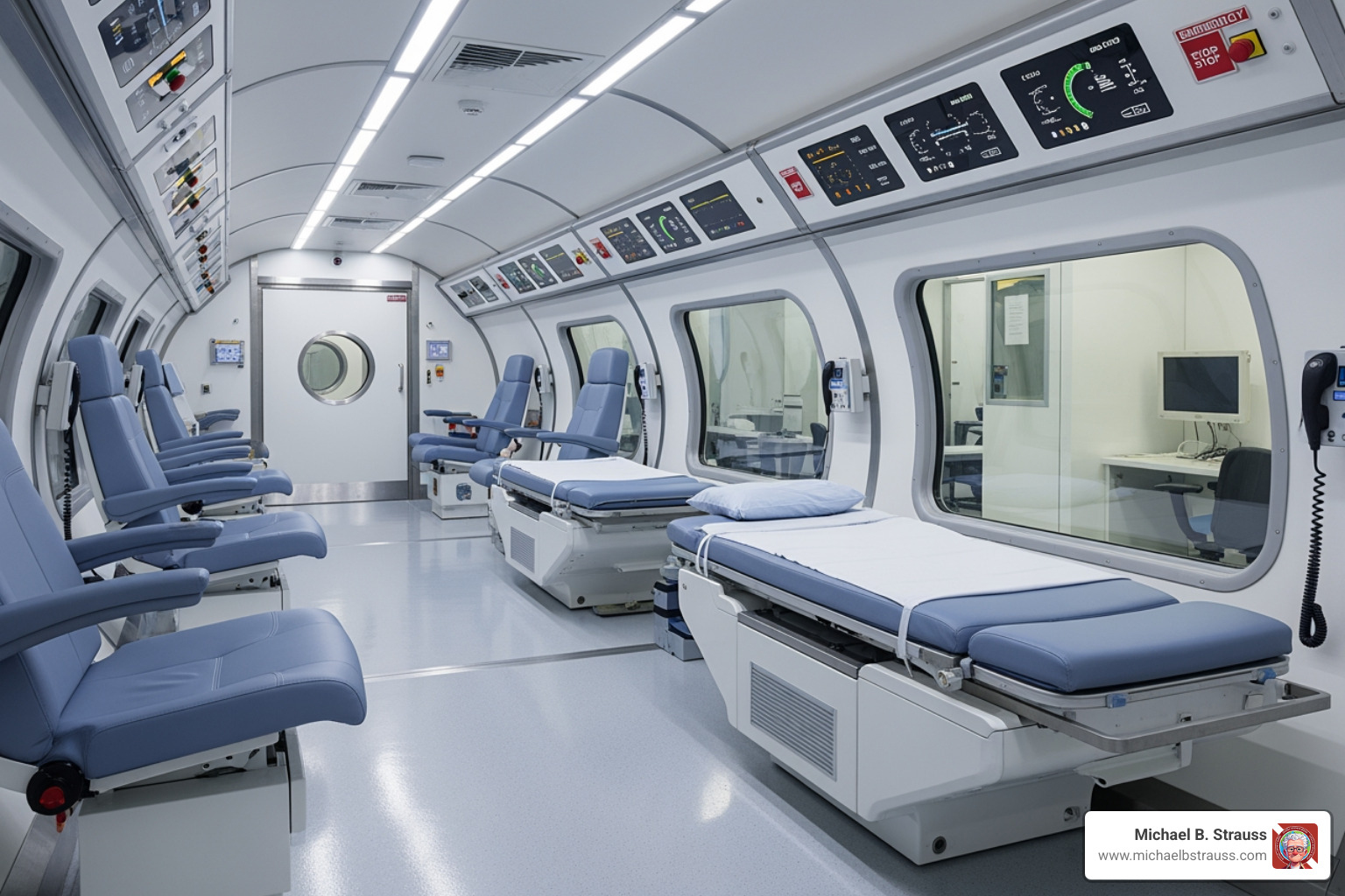 Interior of a multiplace hyperbaric chamber - decompression illness treatment
