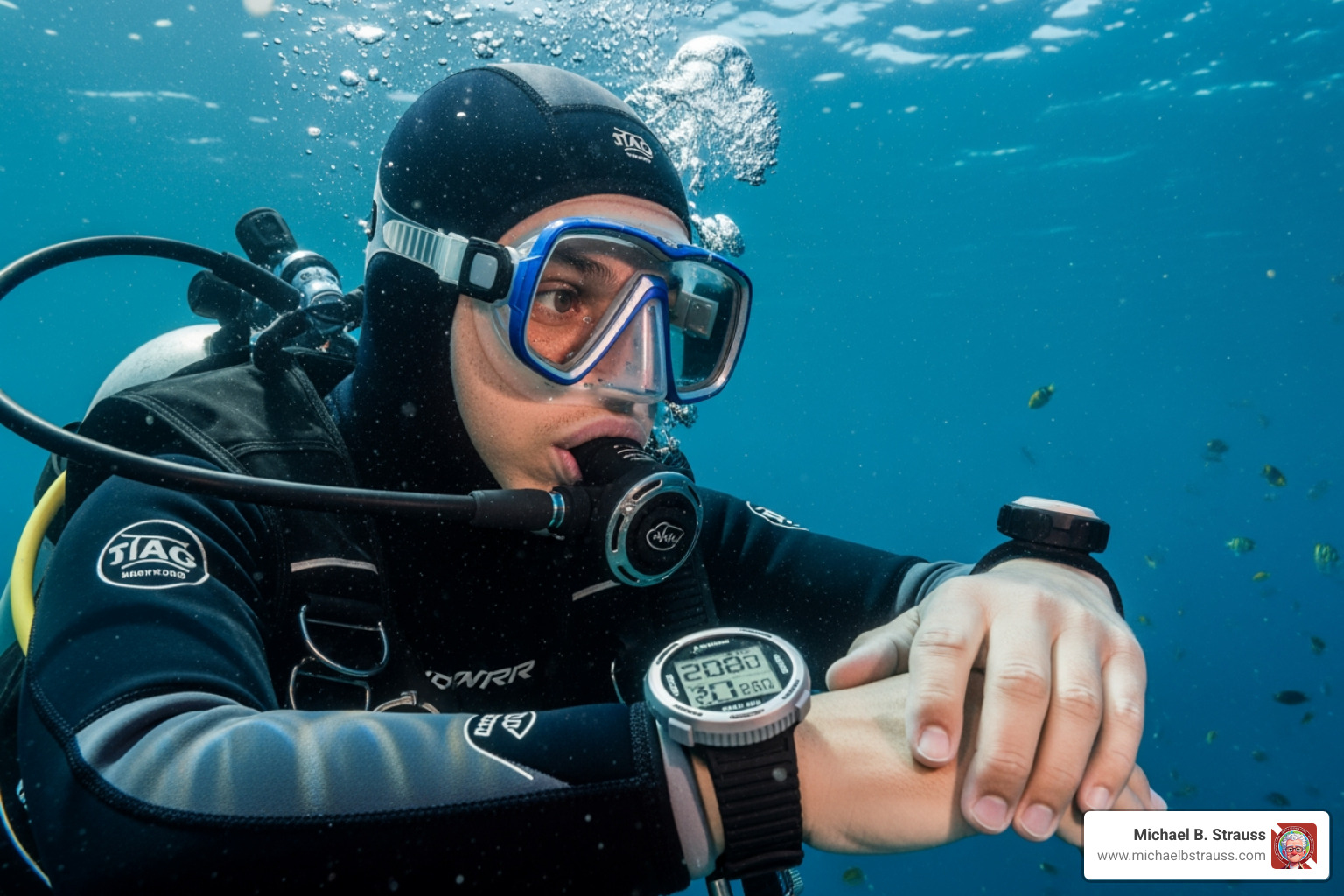 Diver checking dive computer - decompression illness treatment