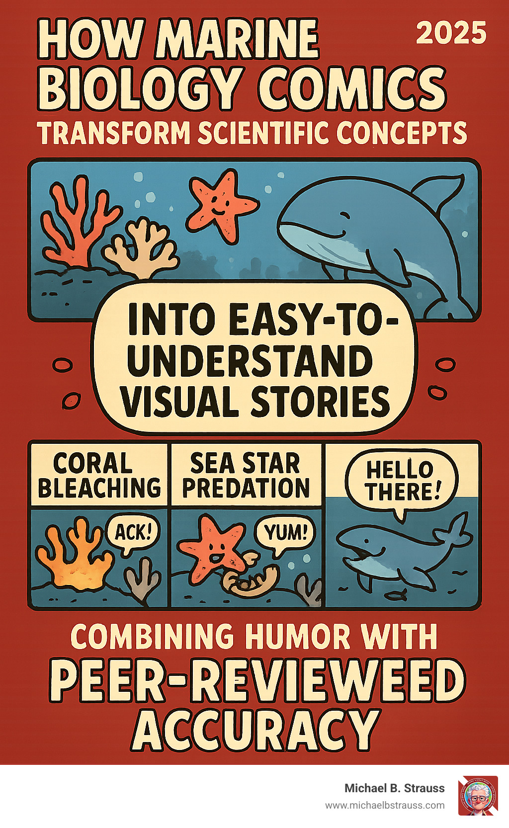 Infographic showing how marine biology comics transform complex scientific concepts like coral bleaching, sea star predation, and whale behavior into easily digestible visual stories that combine humor with peer-reviewed accuracy - marine biology comics infographic 