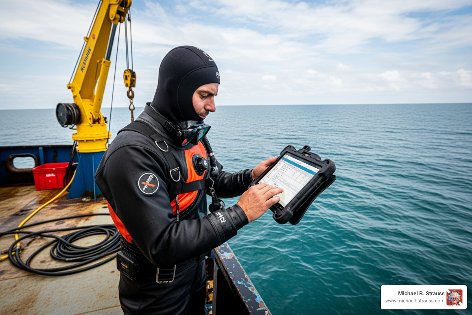 image of a diver using a tablet for a digital dive log on a vessel - professional dive log