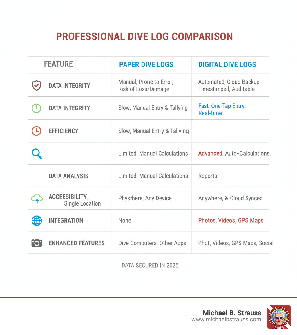 table comparing Paper vs. Digital Dive Logs on key features - professional dive log infographic 
