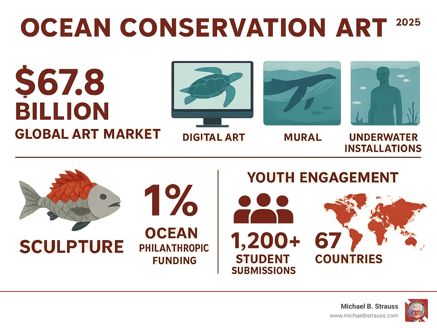 Infographic showing ocean conservation art impact: $67.8 billion global art market versus 1% ocean philanthropic funding, with examples of different art mediums including sculpture, digital art, murals, and underwater installations, plus statistics on youth engagement through 1,200+ student submissions from 67 countries - ocean conservation art infographic 