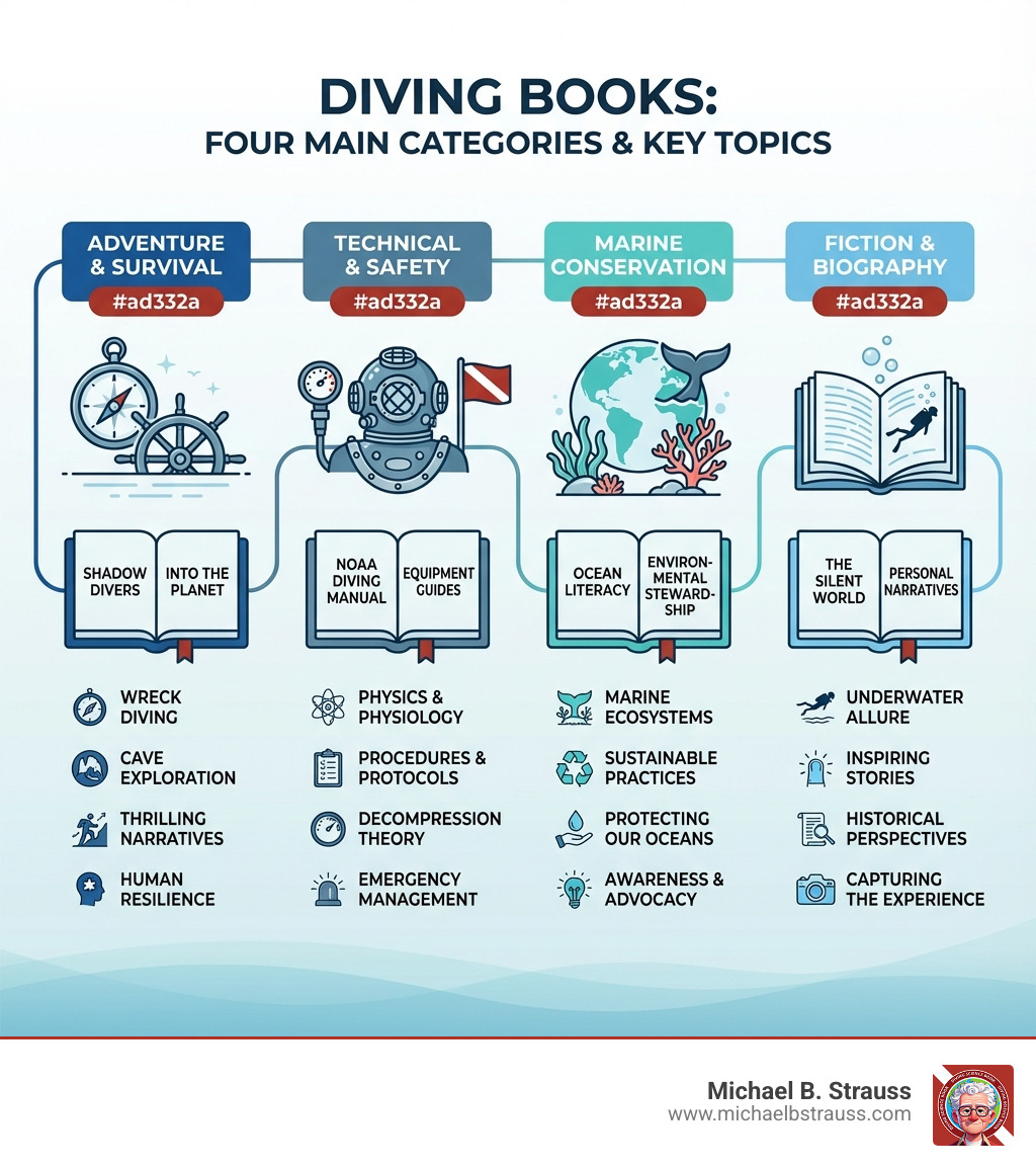 infographic showing four main categories of diving books with representative titles and key topics: Adventure & Survival section featuring Shadow Divers and Into the Planet with themes of wreck diving and cave exploration; Technical & Safety section with NOAA Diving Manual and equipment guides covering physics, physiology, and procedures; Marine Conservation section highlighting ocean literacy and environmental stewardship; Fiction & Biography section with The Silent World and personal narratives capturing the underwater allure - book about diving infographic 