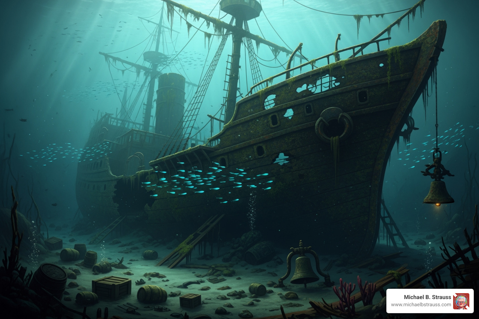 deep shipwreck shrouded in murky water - book about diving