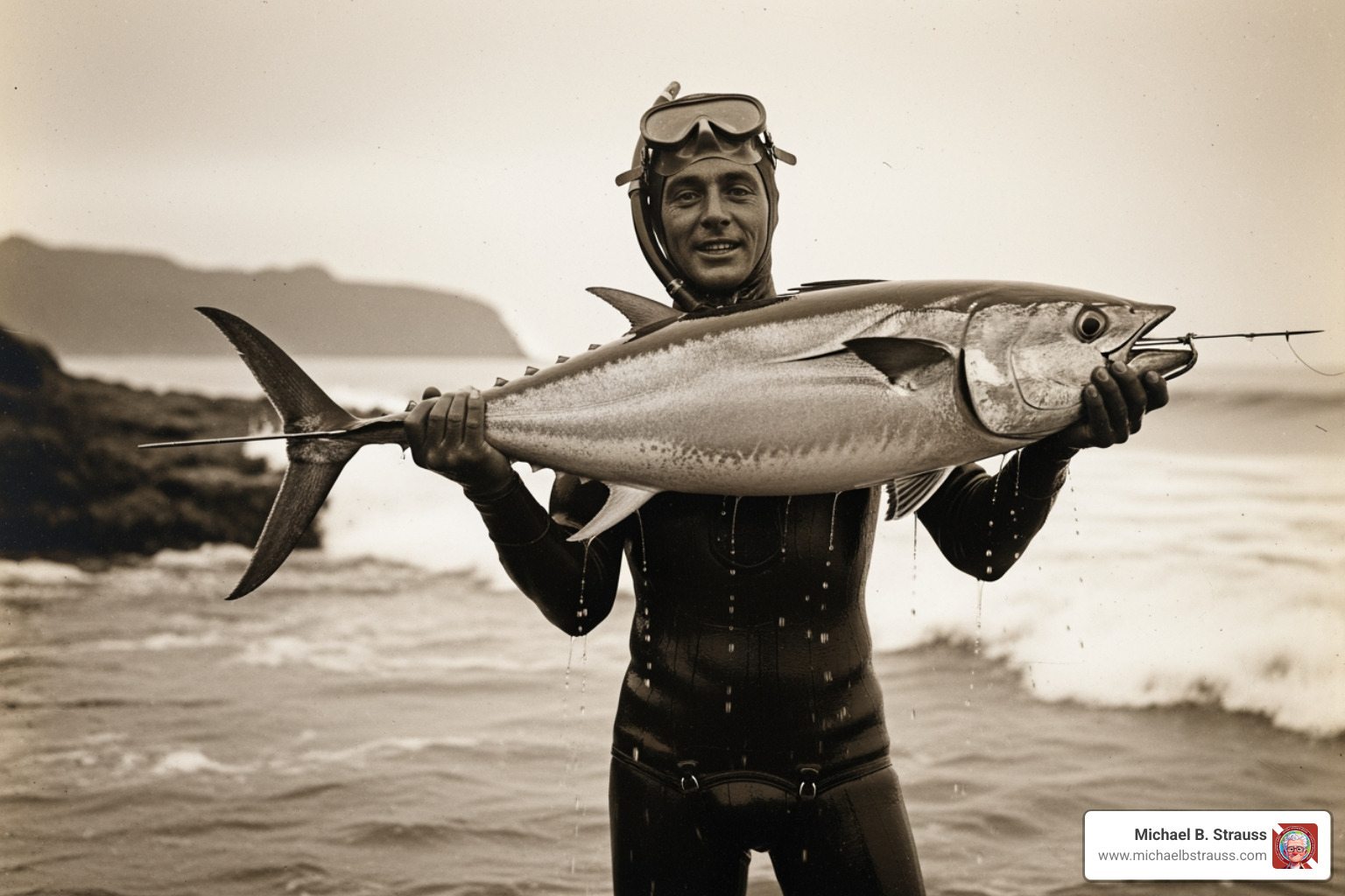 vintage photo of a spearfisherman with a large catch - free diving book