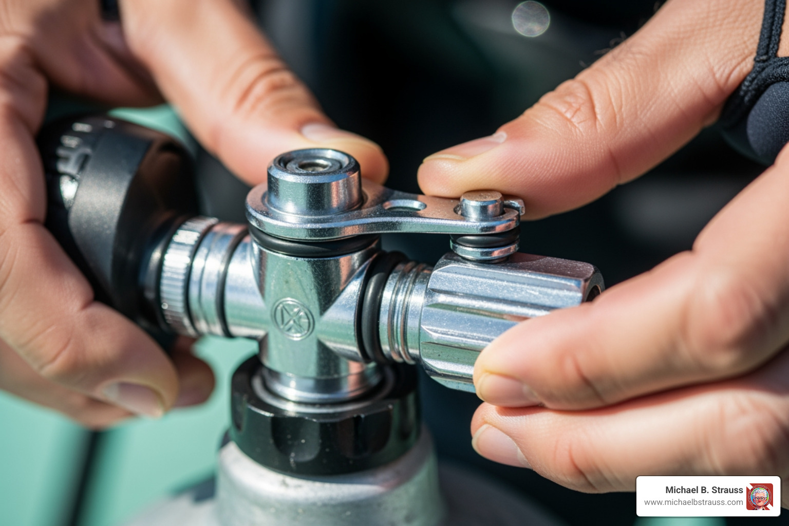 A diver attaching a regulator to a scuba tank, with attention to the O-ring and valve connection - pre dive equipment checklist A diver attaching a regulator to a scuba tank, with attention to the O-ring and valve connection - pre dive equipment checklist