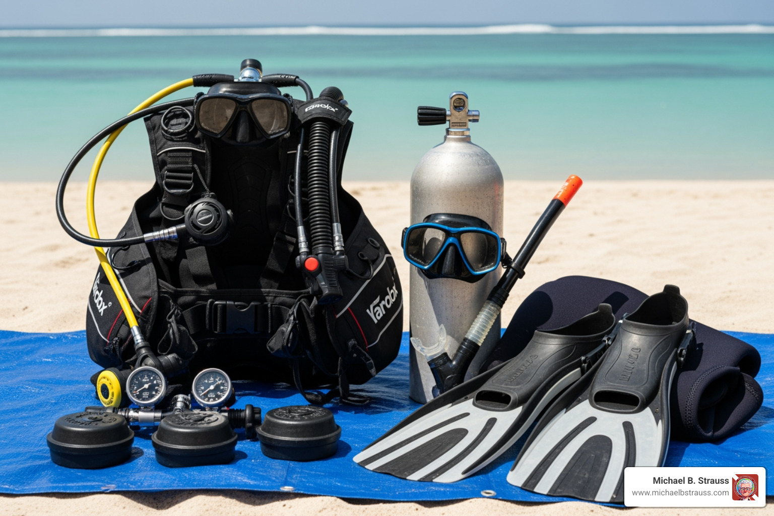 A complete set of scuba gear laid out neatly on a tarp, including BCD, regulator, fins, mask, wetsuit, and tank - pre dive equipment checklist A complete set of scuba gear laid out neatly on a tarp, including BCD, regulator, fins, mask, wetsuit, and tank - pre dive equipment checklist