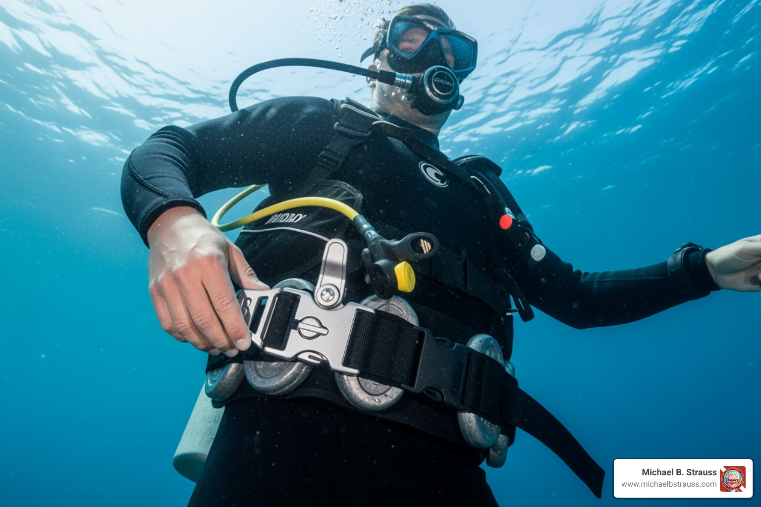 Diver wearing a weight belt correctly, with the quick-release buckle clearly visible and accessible on their left side for a right-hand release. - proper weight belt use Diver wearing a weight belt correctly, with the quick-release buckle clearly visible and accessible on their left side for a right-hand release. - proper weight belt use