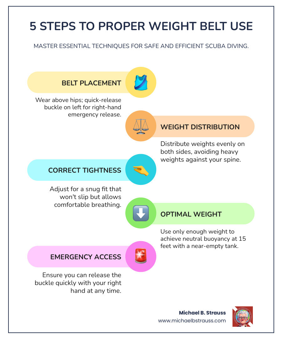 Infographic showing cross-section of a diver underwater at neutral buoyancy with arrows indicating upward buoyancy forces from wetsuit and body, downward force from weight belt, and balanced neutral position in the middle. Labels show proper belt placement above hips and weight distribution on both sides. - proper weight belt use infographic infographic-line-5-steps-colors Infographic showing cross-section of a diver underwater at neutral buoyancy with arrows indicating upward buoyancy forces from wetsuit and body, downward force from weight belt, and balanced neutral position in the middle. Labels show proper belt placement above hips and weight distribution on both sides. - proper weight belt use infographic infographic-line-5-steps-colors