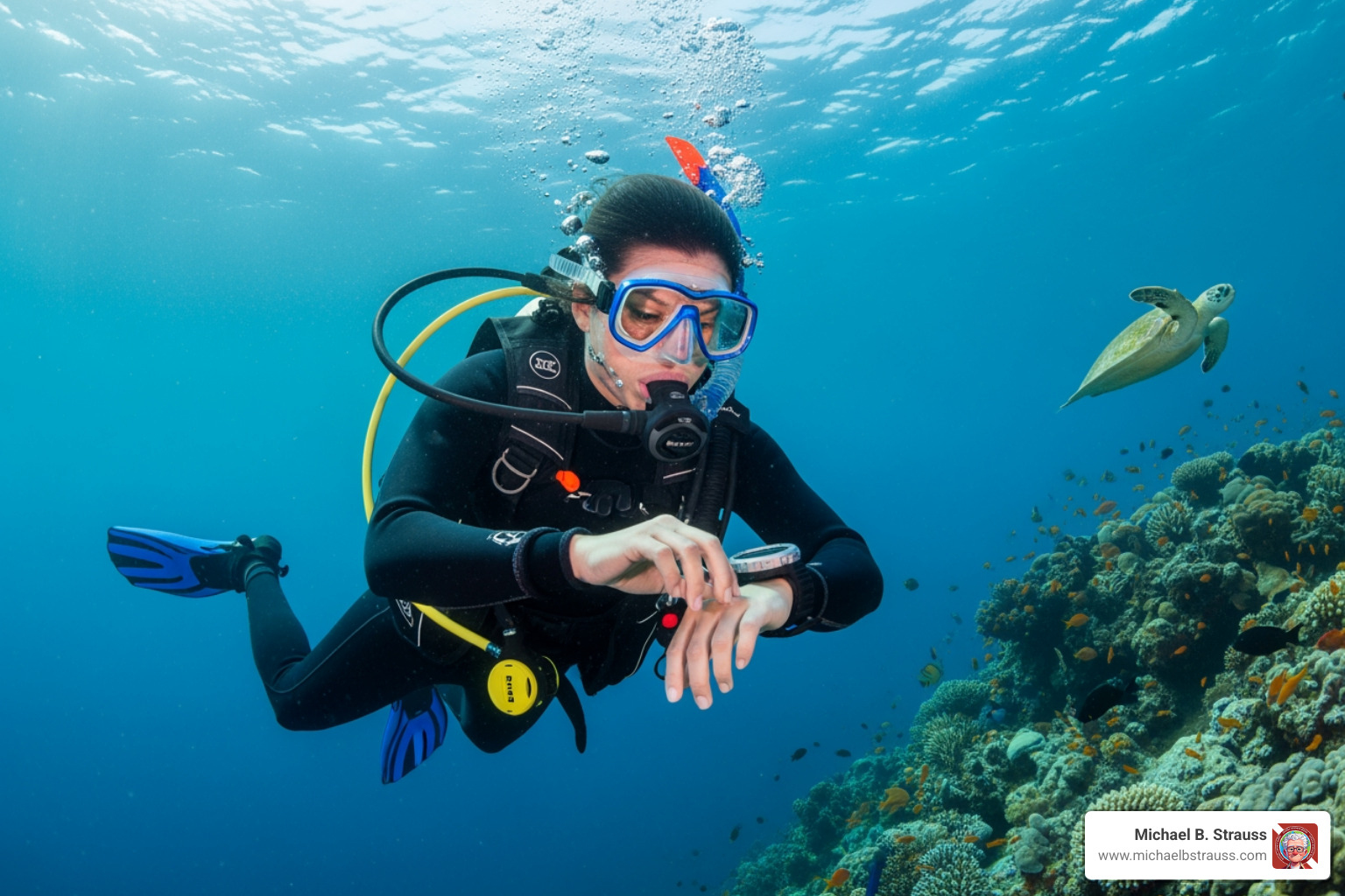 diver looking at dive computer - how to prevent bends diver looking at dive computer - how to prevent bends