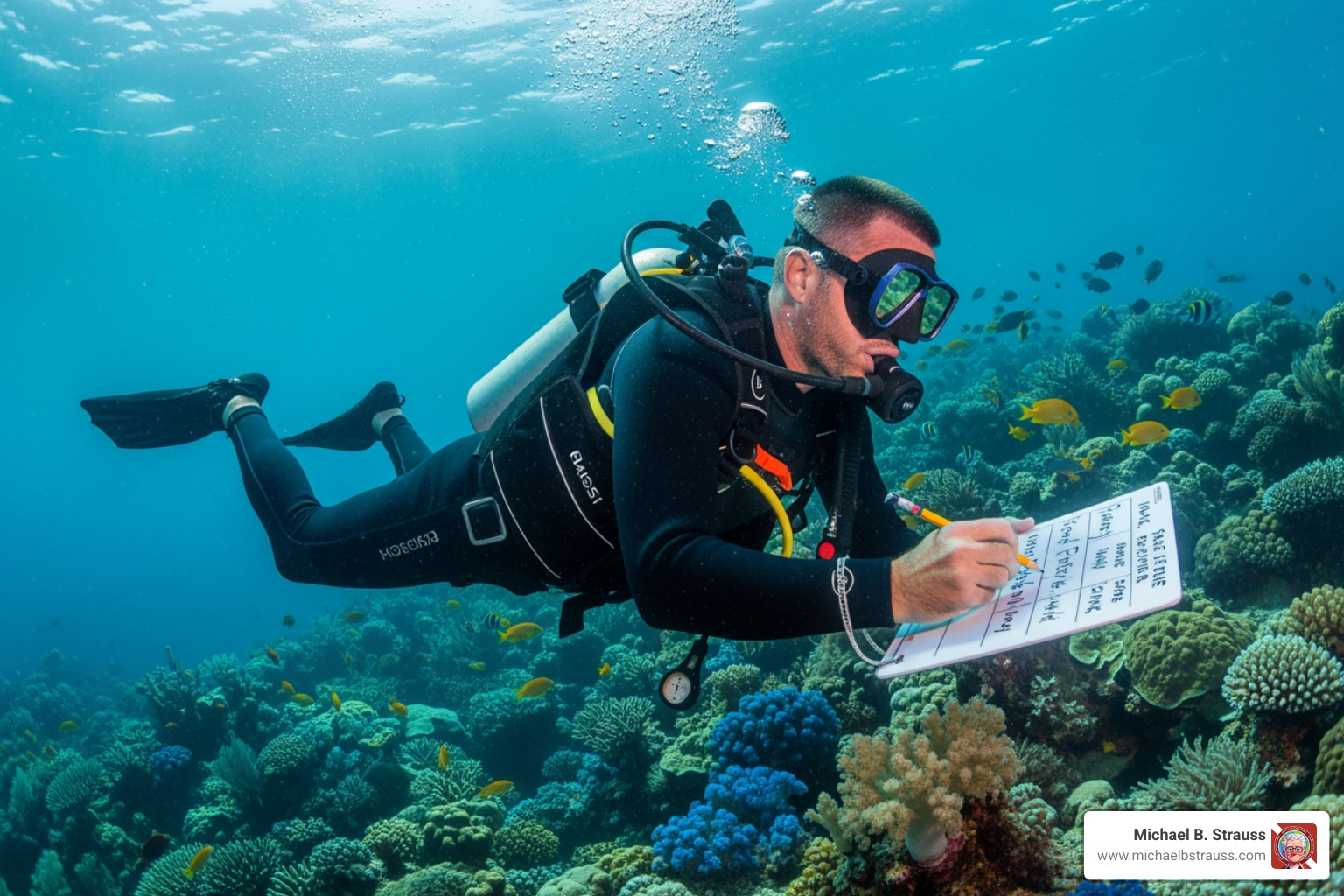 diver writing on an underwater slate - communicating underwater