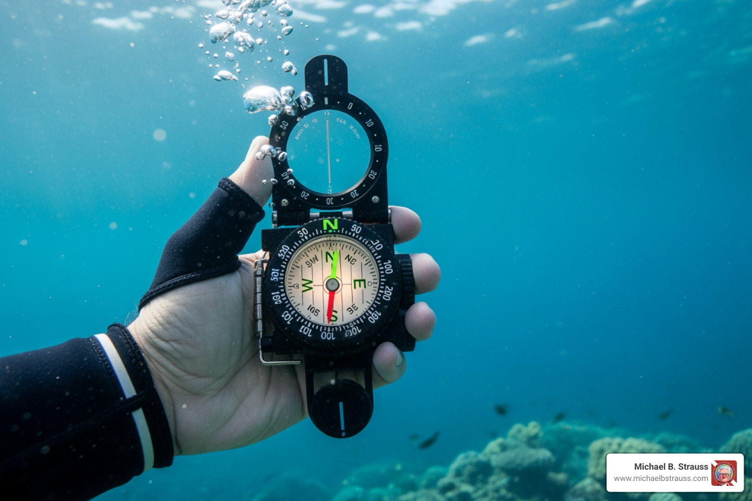 close-up on a dive compass being held correctly - Underwater navigation techniques