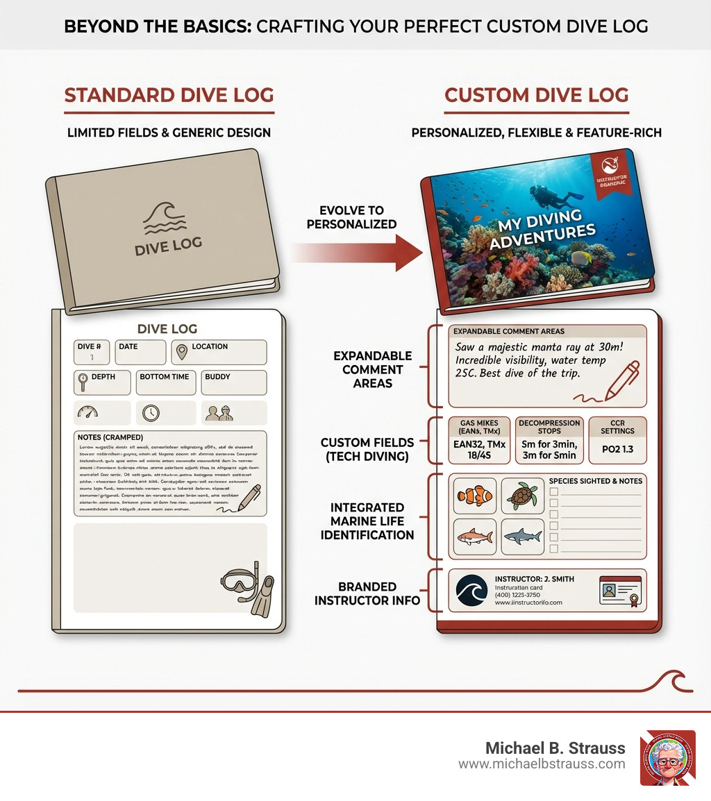 Infographic comparing a standard pre-printed dive log page with limited fields and cramped notes section versus a custom dive log page showing expandable comment areas, personalized cover with underwater photography, custom fields for technical diving parameters, integrated marine life identification section, and branded instructor information - custom dive log infographic 