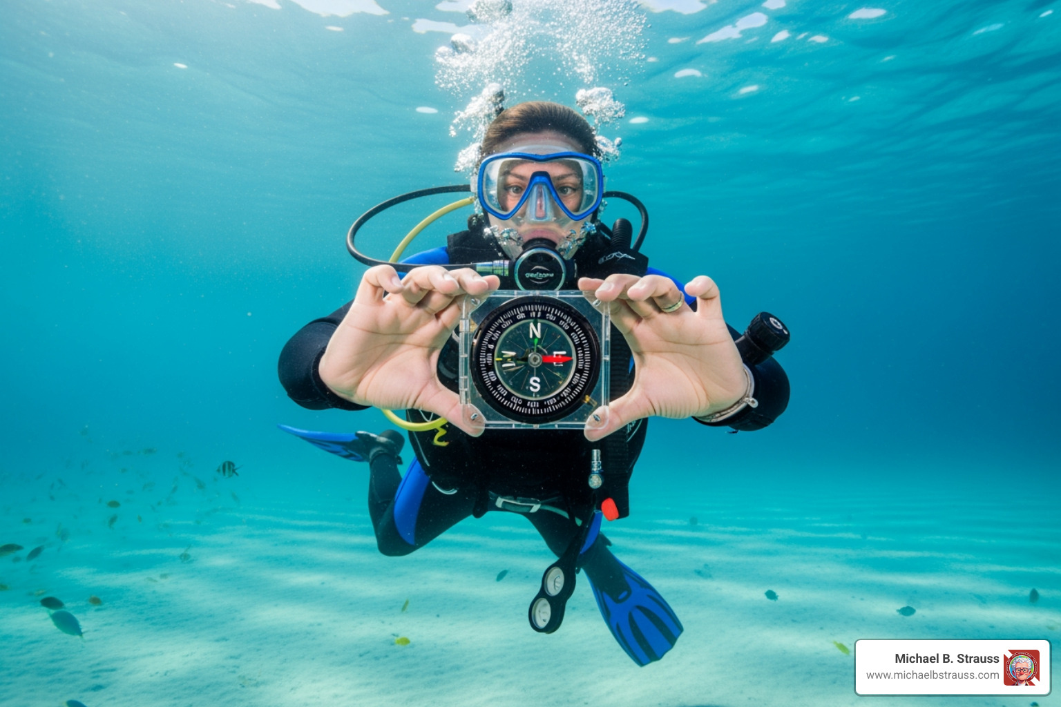 A diver holding a compass level with both hands - Scuba diving underwater navigation