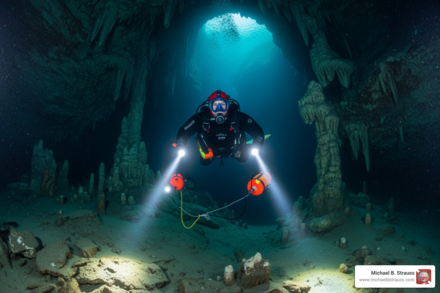 cave diver underwater in cave - cave diving dangers