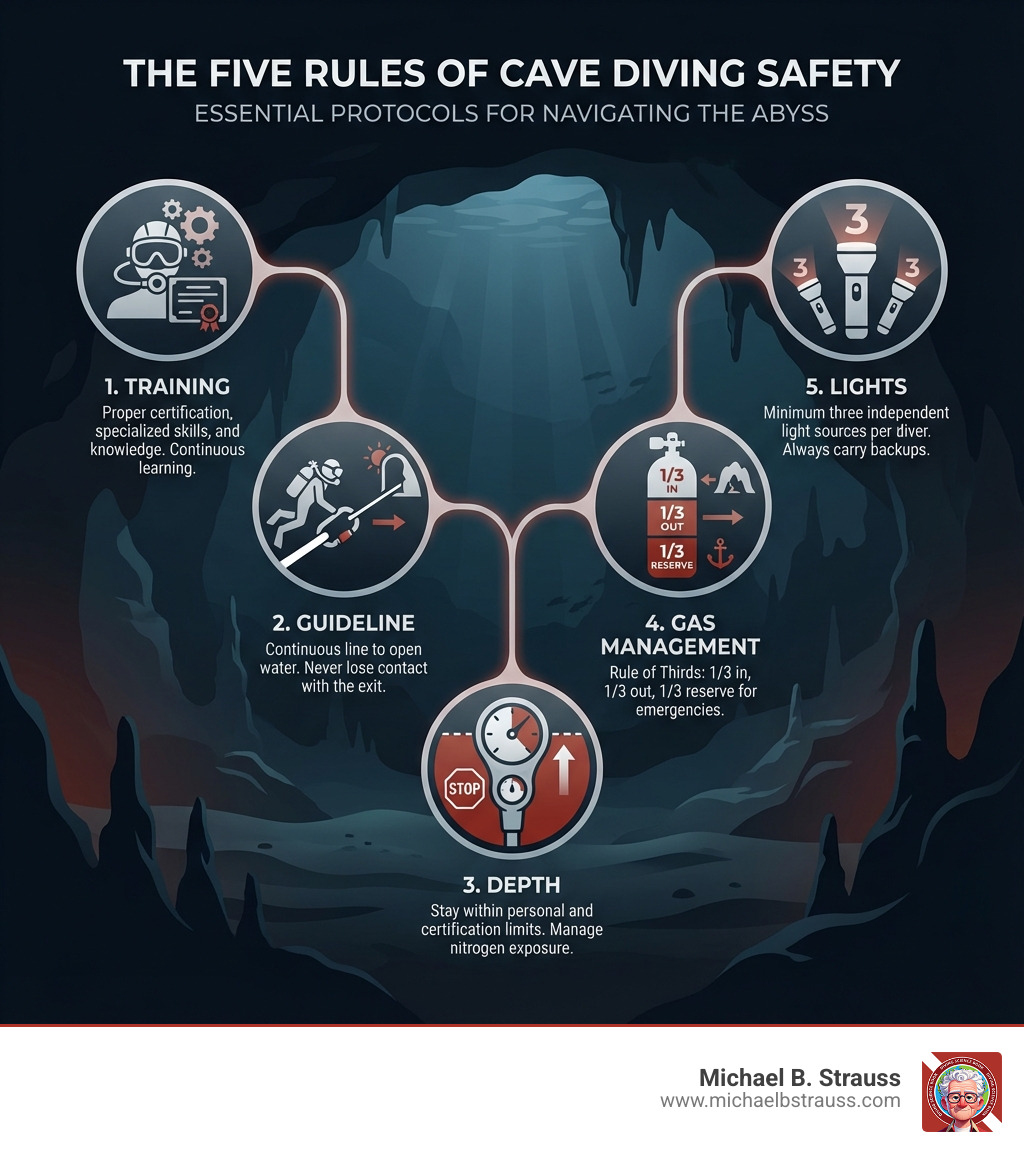 infographic showing the five rules of cave diving safety: Training (proper certification and skills), Guideline (continuous line to open water), Depth (diving within gas and experience limits), Gas Management (Rule of Thirds - one third in, one third out, one third reserve), and Lights (minimum three independent light sources per diver) - cave diving dangers infographic 