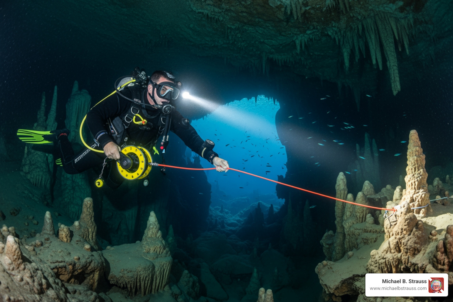 diver laying guideline with reel in cave - cave diving dangers