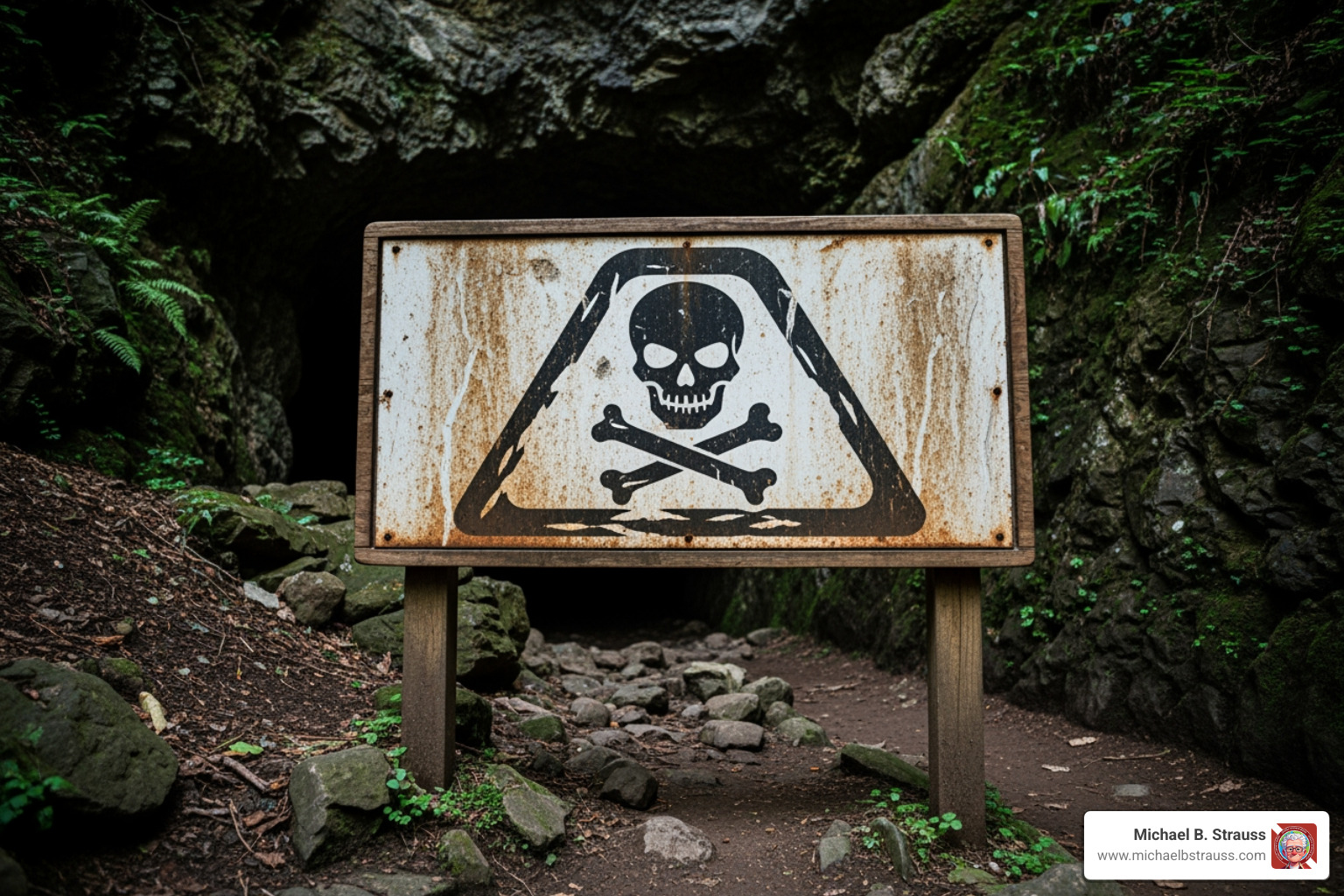 Grim Reaper warning sign at cave entrance - cave diving dangers