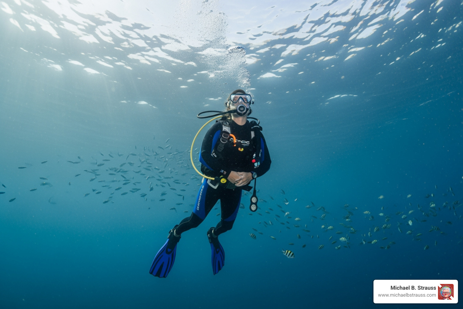 A scuba diver ascending calmly while looking up towards the surface, demonstrating composure and control during an ascent. - emergency ascent procedures