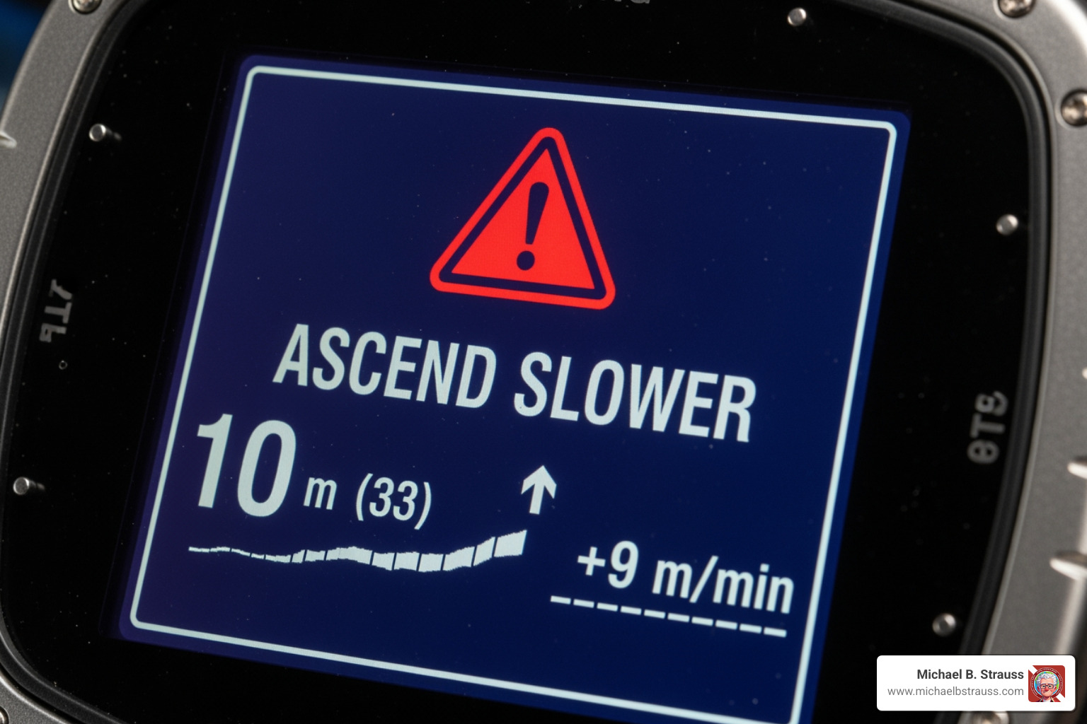 Dive computer displaying a rapid ascent warning, with a red icon and text indicating 'ASCEND SLOWER'. - emergency ascent procedures