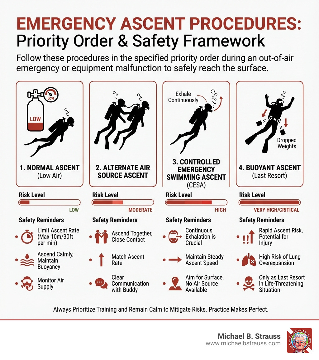 Infographic showing the four emergency ascent procedures in priority order: 1. Normal Ascent with low air tank icon, 2. Alternate Air Source Ascent with two divers sharing air, 3. Controlled Emergency Swimming Ascent with single diver ascending while exhaling, and 4. Buoyant Ascent with dropped weights. Each procedure includes risk level indicators and key safety reminders like ascent rate limits and continuous exhalation requirements. - emergency ascent procedures infographic 
