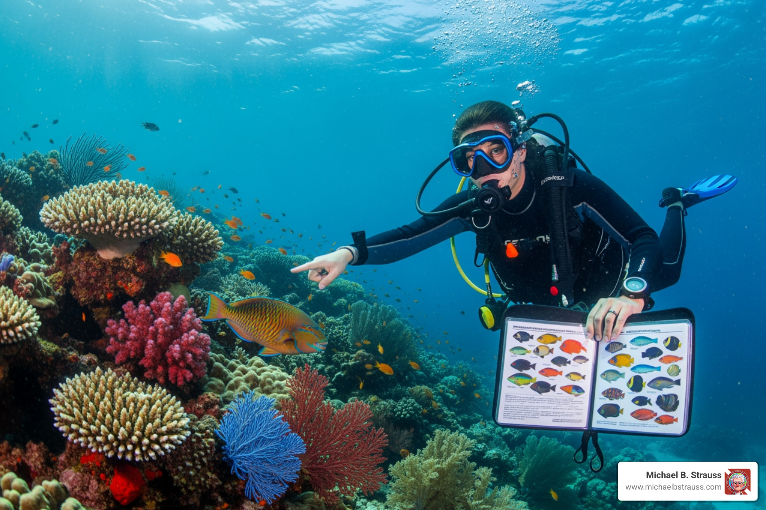 A diver pointing at a colorful reef fish, with a submersible identification guide in their other hand - best diving books galapagos