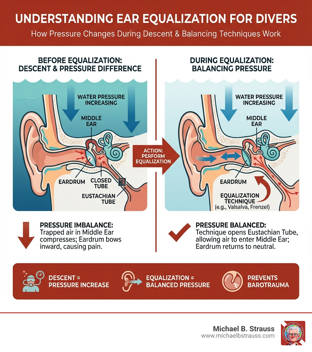 Detailed infographic showing ear anatomy with middle ear, Eustachian tube, and eardrum labeled, plus arrows indicating pressure changes during descent and how equalization opens the Eustachian tubes to balance pressure - ear equalization techniques infographic 