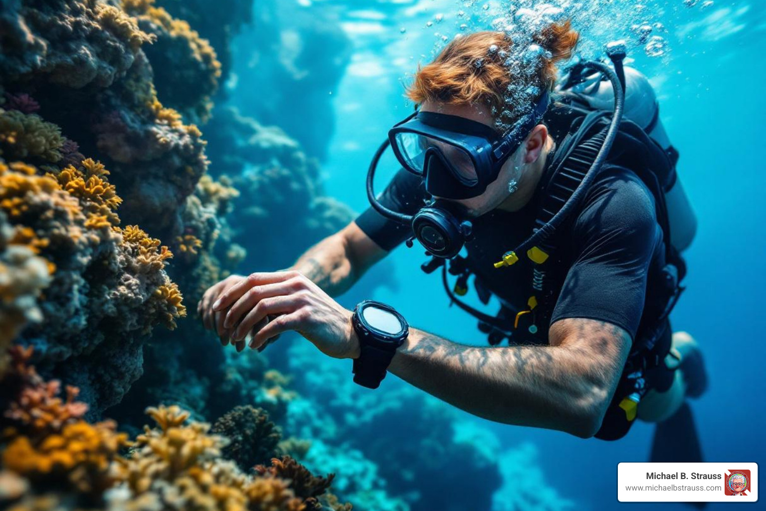 scuba diver checking wrist-mounted dive computer - Dive computer explained