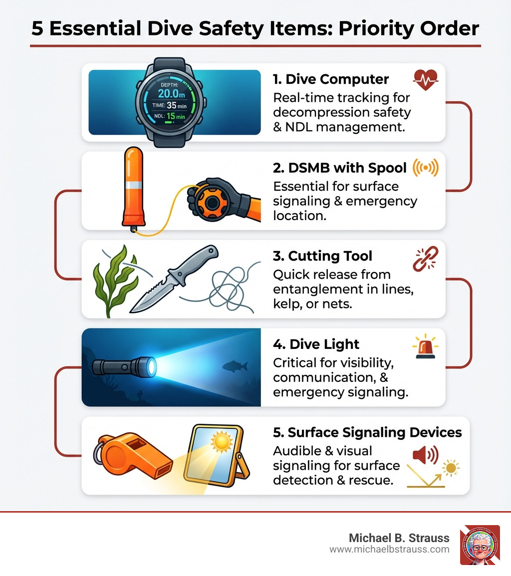 Infographic showing 5 essential dive safety items arranged in priority order: 1. Dive Computer (with icon of wrist computer showing depth/time/NDL data), 2. DSMB with spool (orange inflatable marker buoy), 3. Cutting tool (dive knife or line cutter), 4. Dive light (compact torch), 5. Surface signaling devices (whistle and mirror). Each item includes a brief one-line benefit statement about emergency use or safety function. - dive safety equipment infographic 