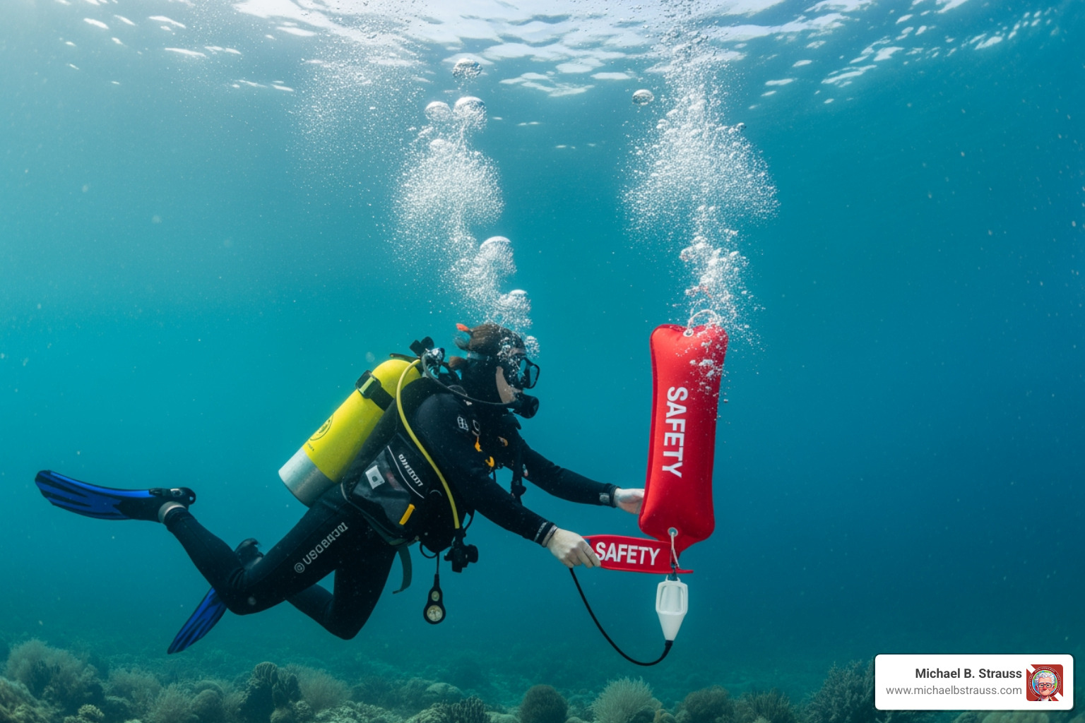 diver deploying a DSMB during a safety stop - dive safety equipment