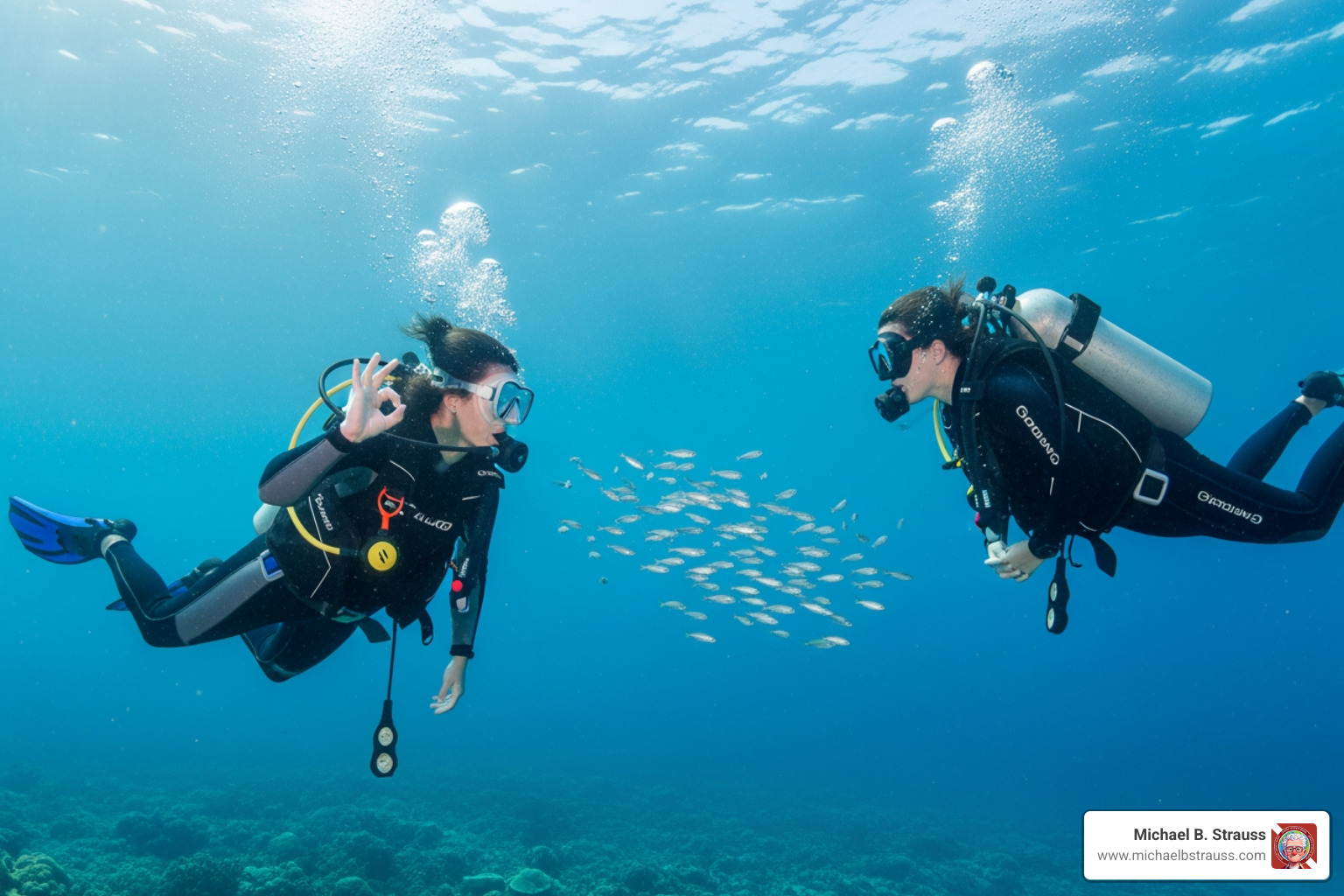 of a chart showing common scuba diving hand signals - how do scuba divers communicate underwater