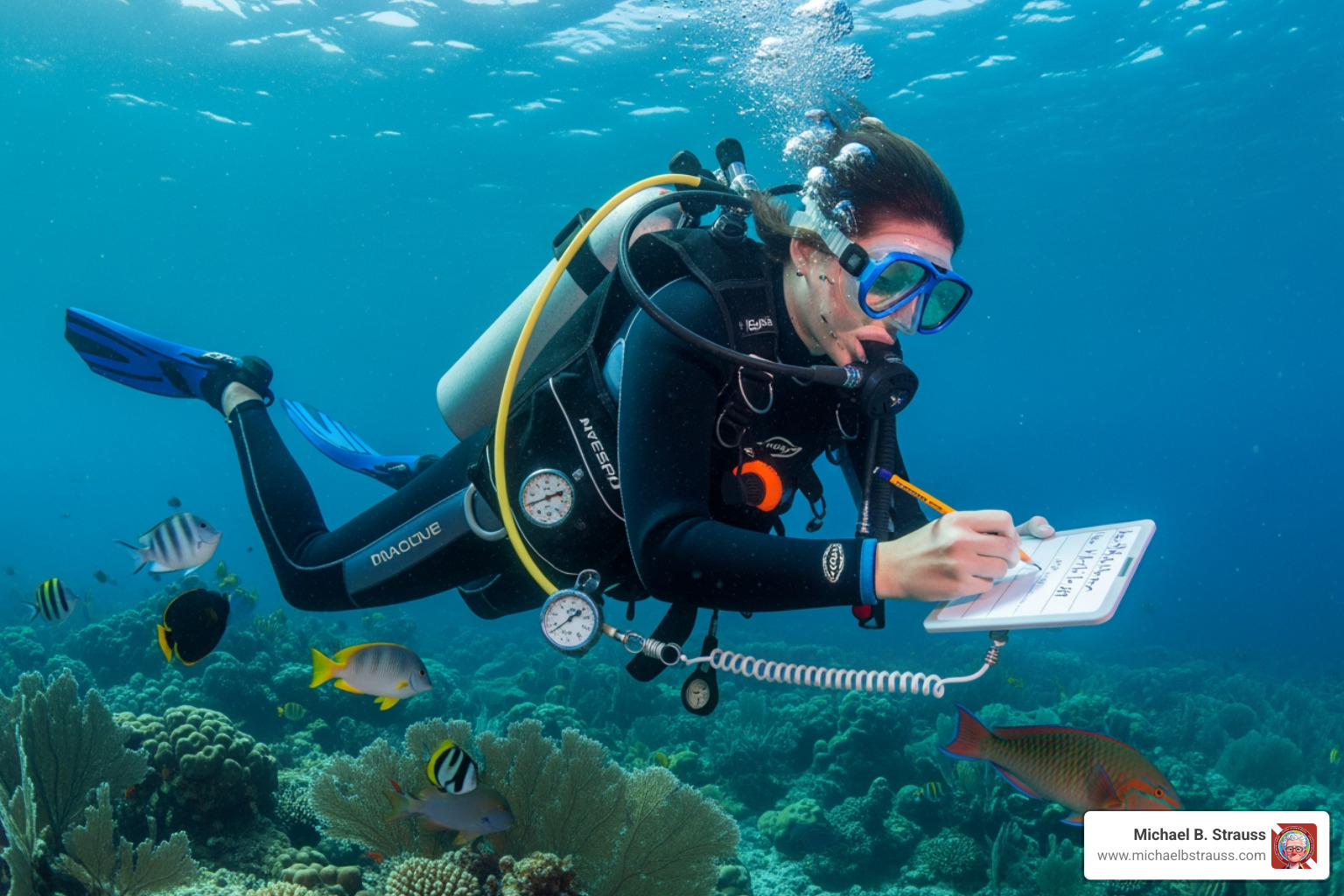 of a diver using a dive slate to write a message - how do scuba divers communicate underwater