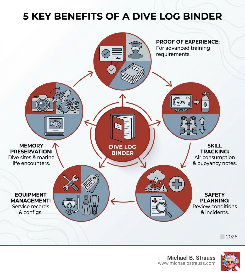 infographic showing the 5 key benefits of maintaining a dive log binder: Skill Tracking through air consumption and buoyancy notes, Safety Planning by reviewing past conditions and incidents, Equipment Management with service records and configurations, Memory Preservation of dive sites and marine life encounters, and Proof of Experience for advanced training requirements - dive log binder infographic 