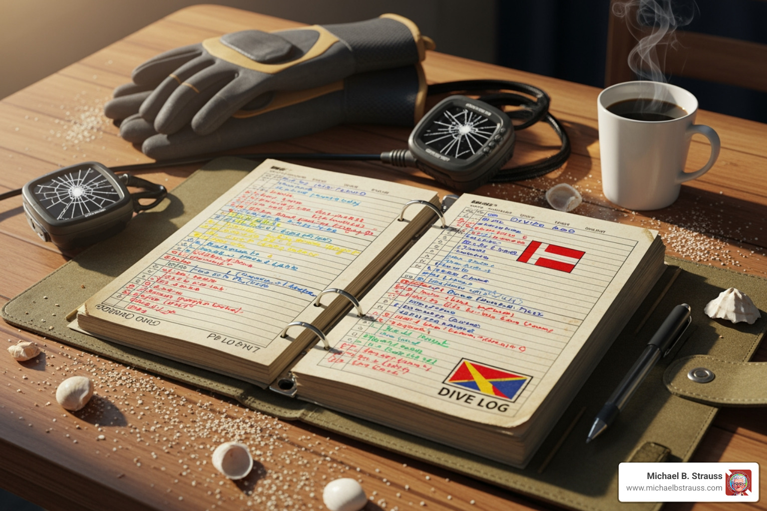 close-up of a personalized dive log binder with stamps and stickers - dive log binder