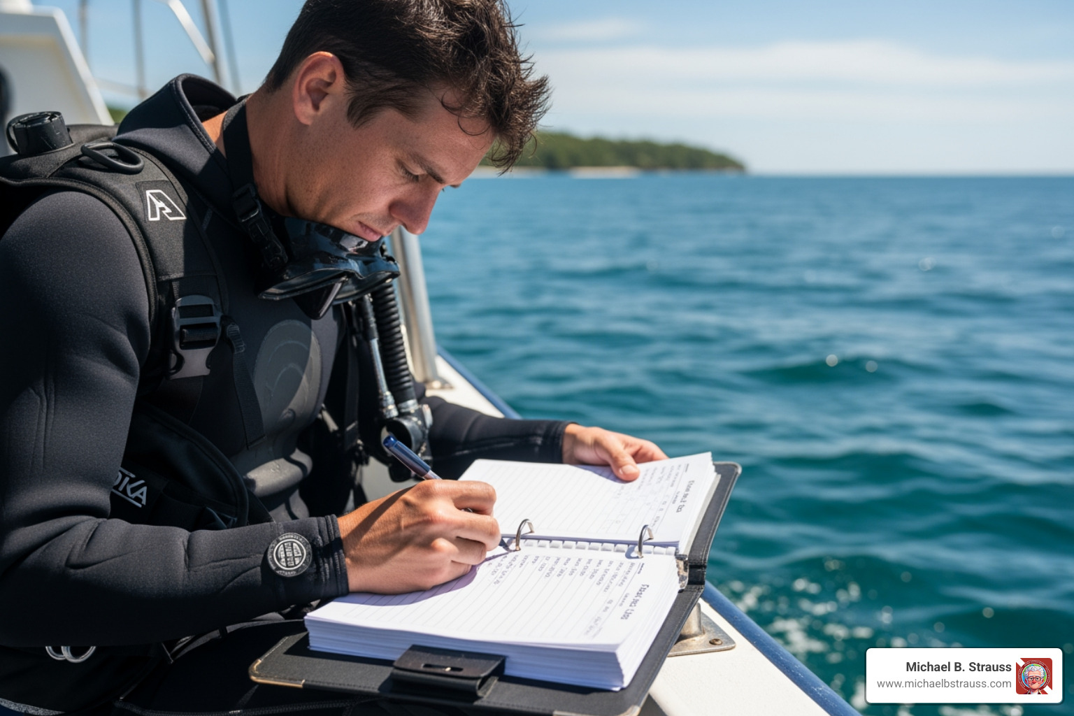 diver reviewing their dive log binder on a boat - dive log binder