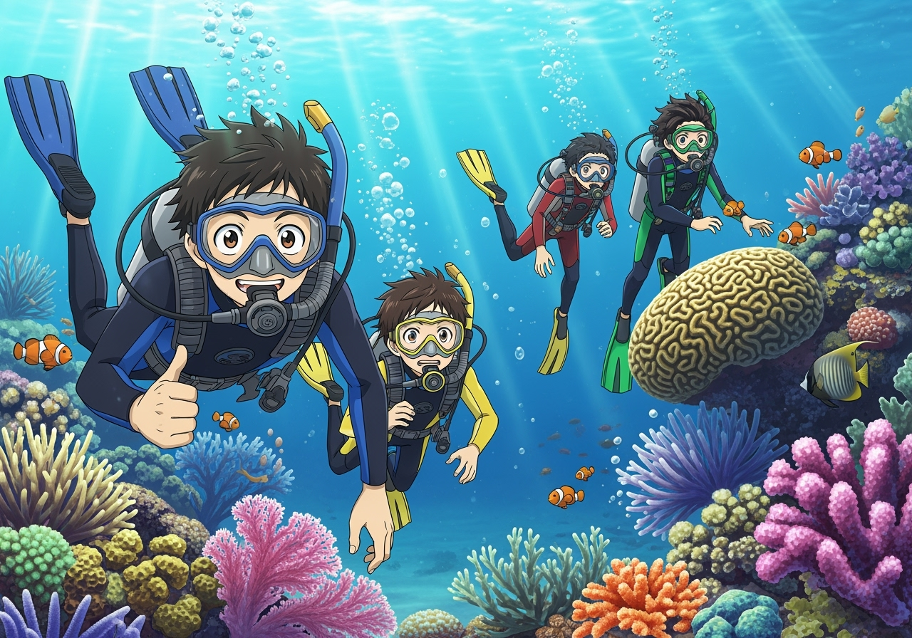 the Grand Blue cast in full scuba gear underwater - scuba anime