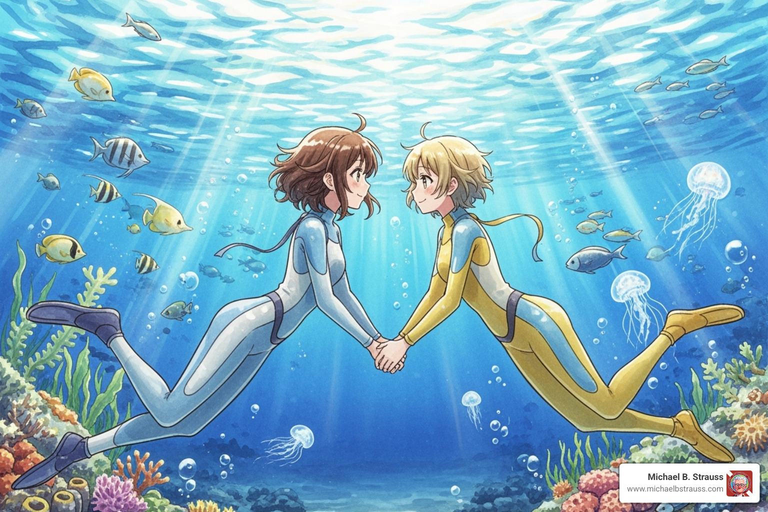 the two main characters from Amanchu! floating peacefully underwater - scuba anime