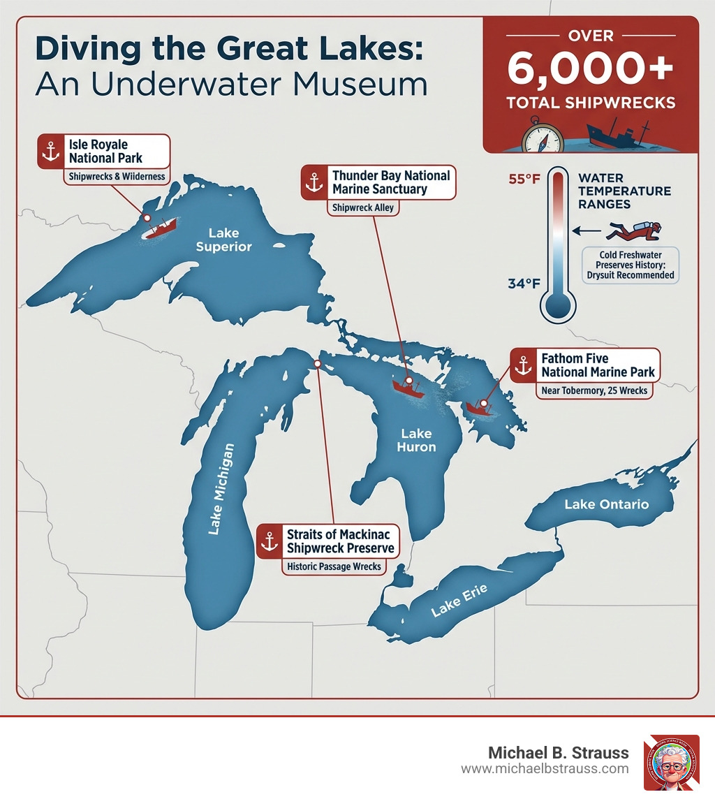 infographic showing map of five great lakes with labeled underwater preserves including thunder bay national marine sanctuary in lake huron, fathom five national marine park in lake huron near tobermory, isle royale national park in lake superior, and straits of mackinac shipwreck preserve, with statistics showing over 6000 total shipwrecks and water temperature ranges - Diving the Great Lakes infographic 