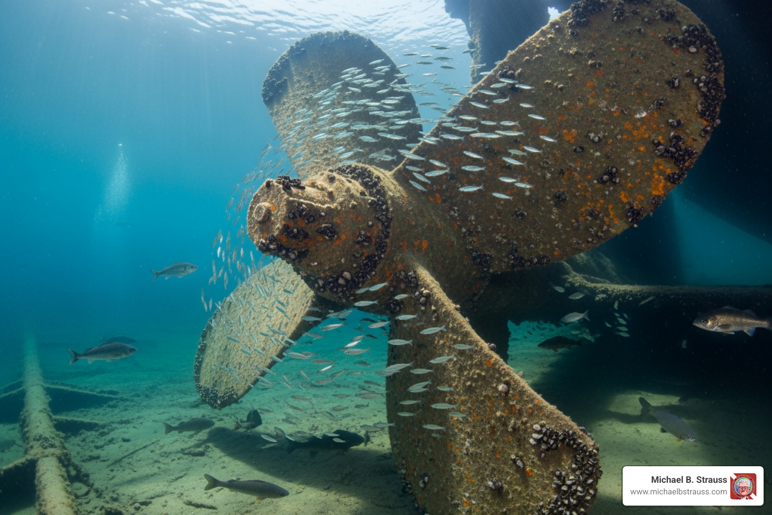 SS Cedarville wreck's massive propeller underwater - Diving the Great Lakes