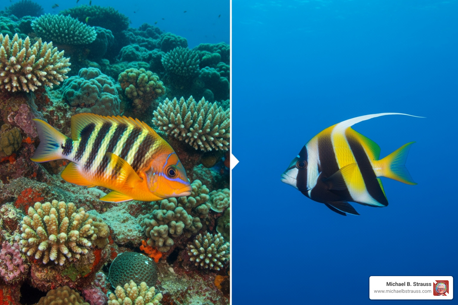 Image of a split photo showing a colorful fish underwater and a blue-tinted version - underwater photography tips
