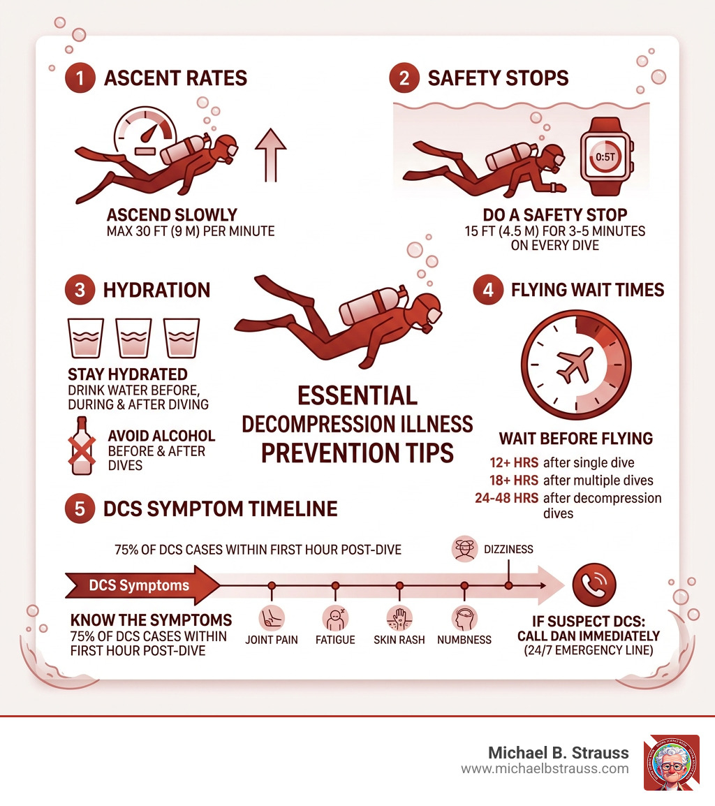 Infographic showing key decompression illness prevention tips including ascent rates, safety stops, hydration, flying wait