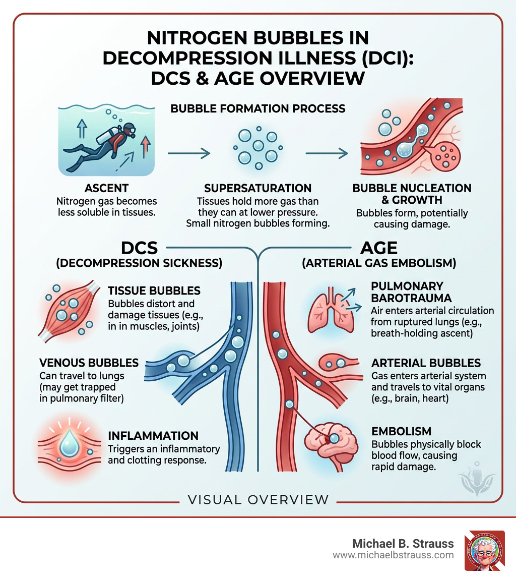 Nitrogen bubble formation in DCS - decompression illness and arterial gas embolism overview infographic - decompression