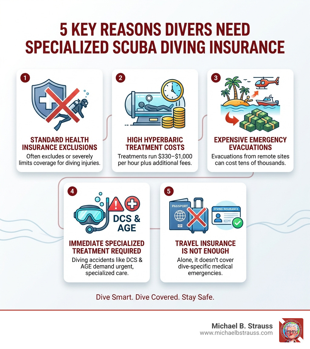 Infographic showing 5 key reasons divers need specialized scuba diving insurance: 1) Standard health insurance excludes or severely limits diving injury coverage, 2) Hyperbaric chamber treatments cost $330–$1,000 per hour plus fees, 3) Emergency evacuations from remote dive sites can cost tens of thousands of dollars, 4) Diving accidents like DCS and AGE require immediate specialized treatment, 5) Travel insurance alone does not cover dive-specific medical emergencies - scuba diving insurance infographic 