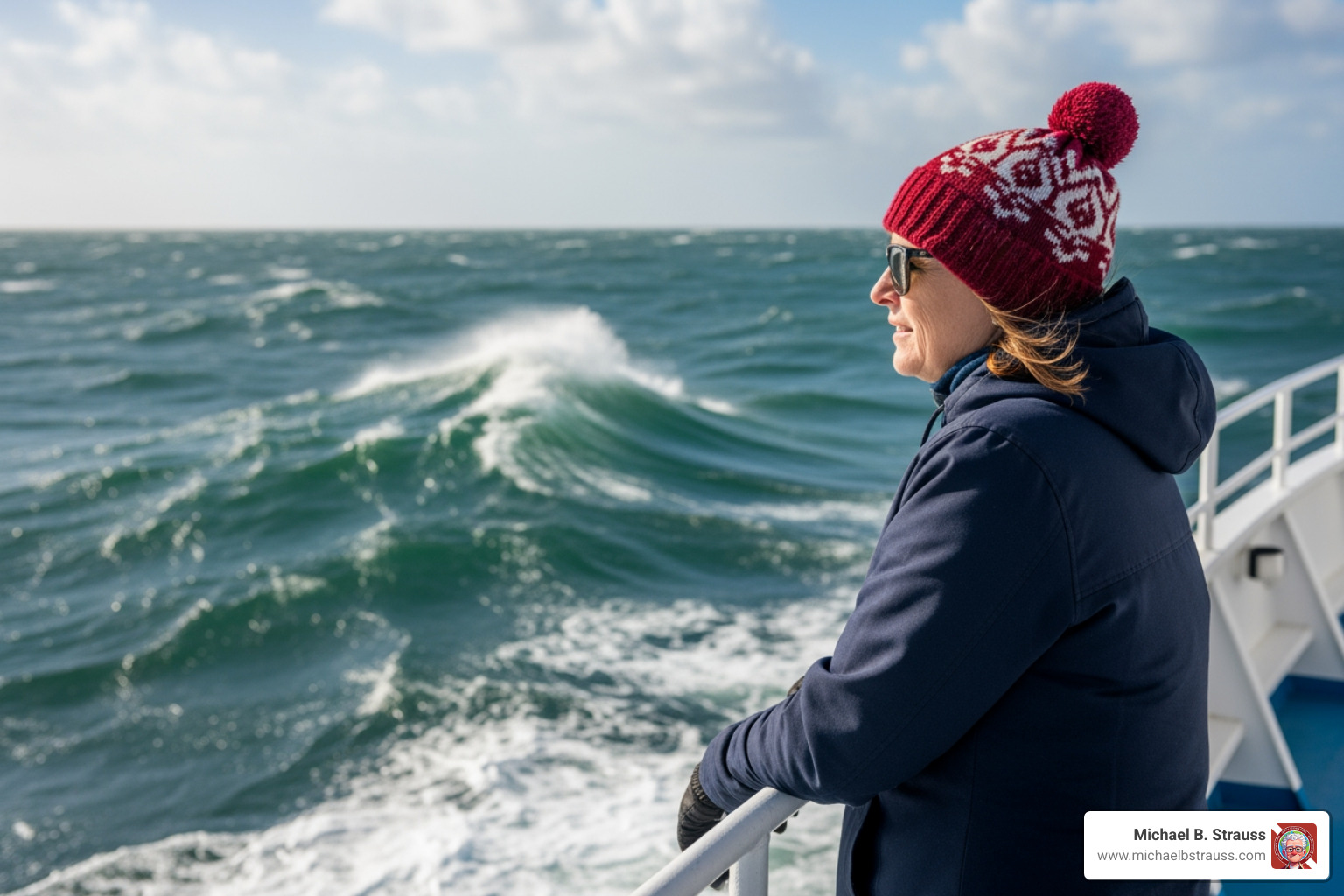 passenger looking out at a choppy ocean from a boat deck - seasickness prevention methods