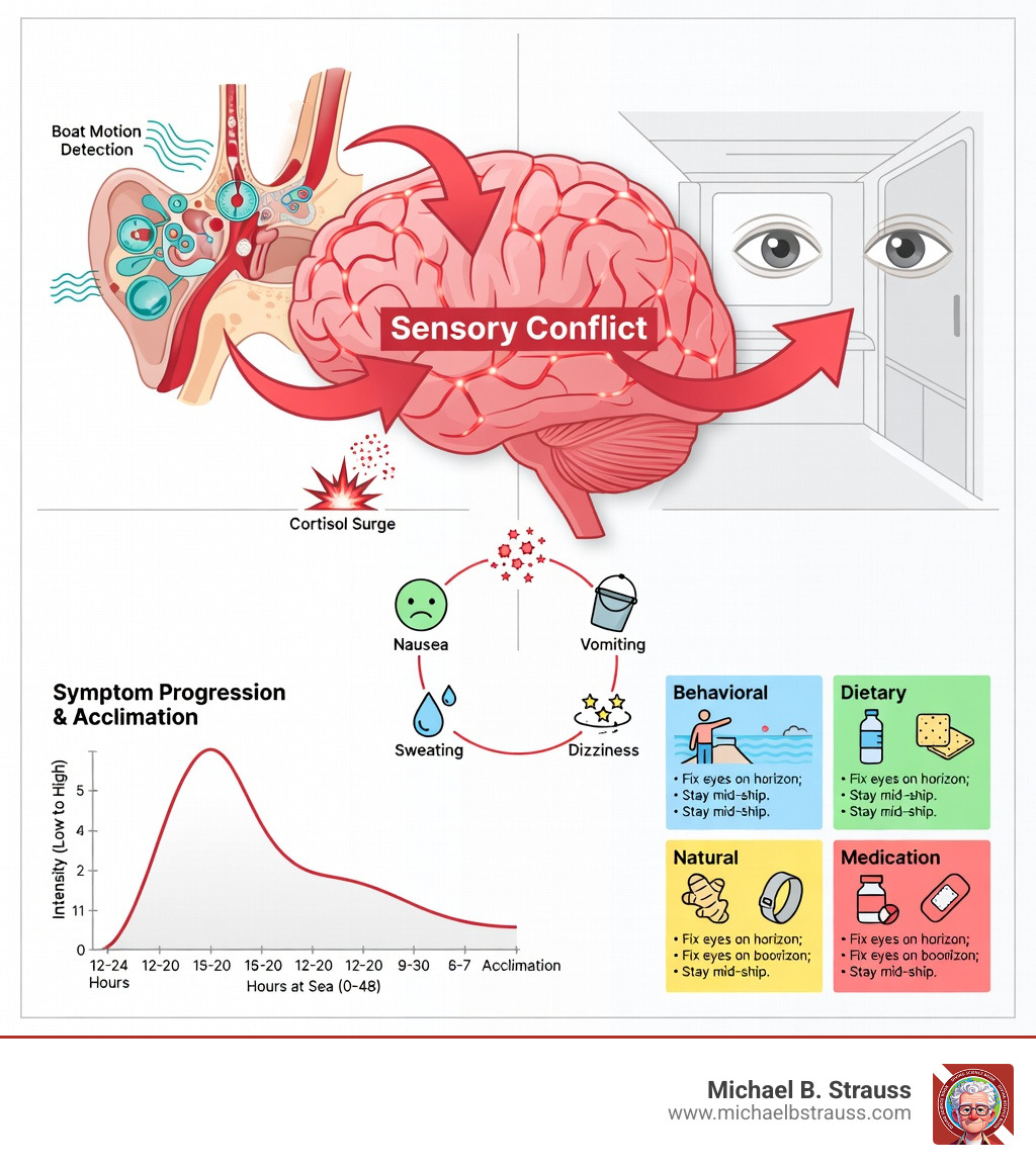 Infographic showing the science of seasickness: diagram of inner ear vestibular system detecting boat motion while eyes see a stationary cabin interior causing sensory conflict in the brain; arrows showing stress hormone release leading to symptoms like nausea, vomiting, sweating, and dizziness; timeline showing symptom peak at 12-24 hours followed by gradual acclimation; color-coded list of prevention categories including behavioral, dietary, natural remedies, and medications - seasickness prevention methods infographic 