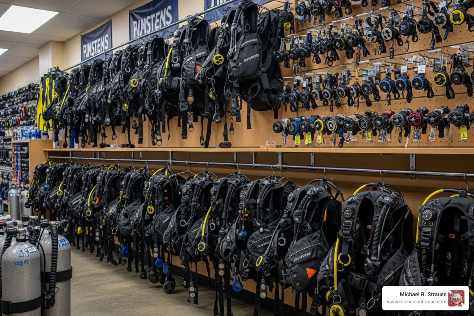 A professional dive shop rental fleet with organized BCDs and regulators - Scuba diving equipment rental A professional dive shop rental fleet with organized BCDs and regulators - Scuba diving equipment rental